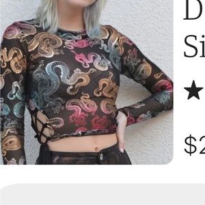 Metallic dragon sheer mesh long sleeve top with side ties - 90s deadstock
